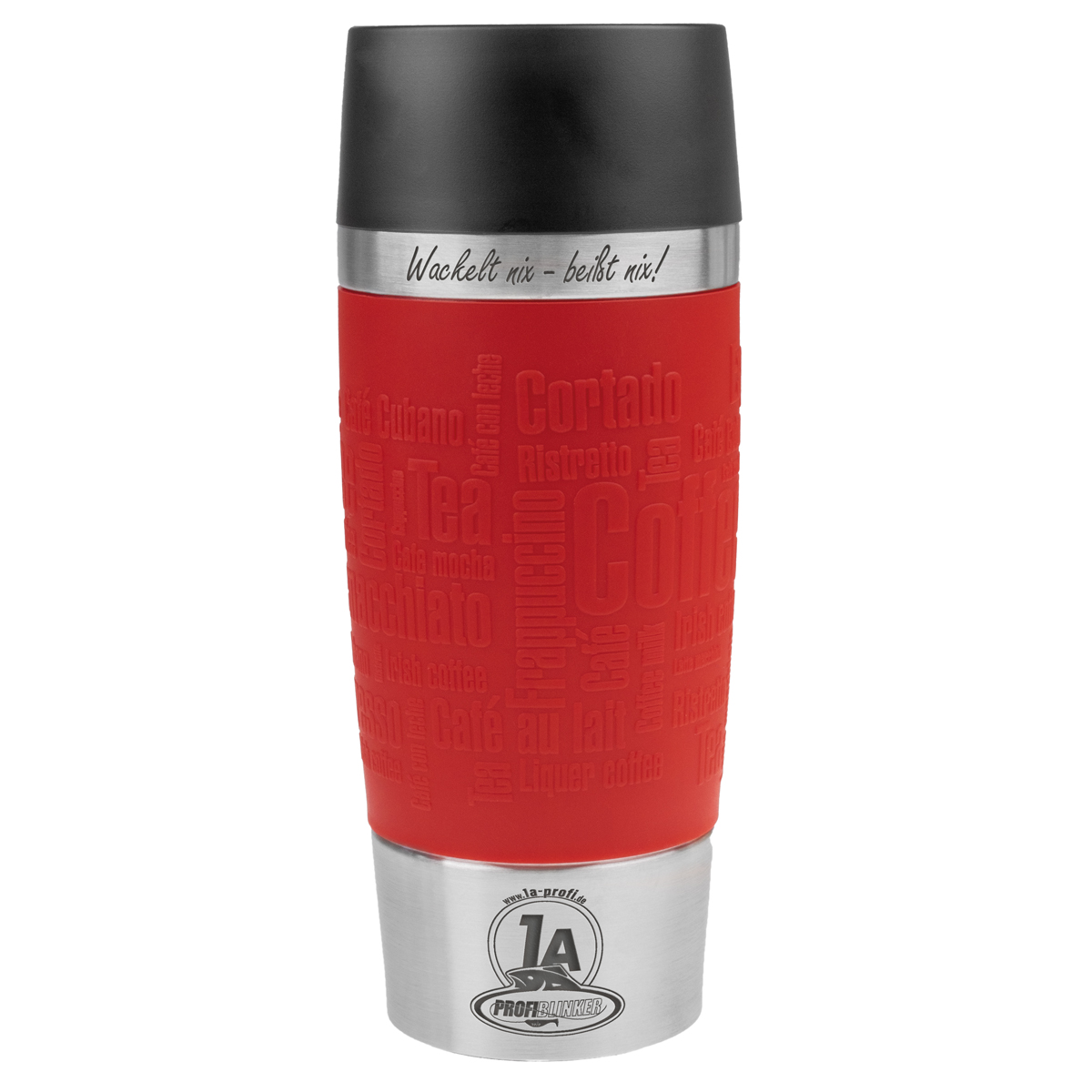 ProfiBlinker Thermobecher Emsa Travel Mug 360ml rot mit Gravur Motiv ''Wackelt nix, beißt nix!''