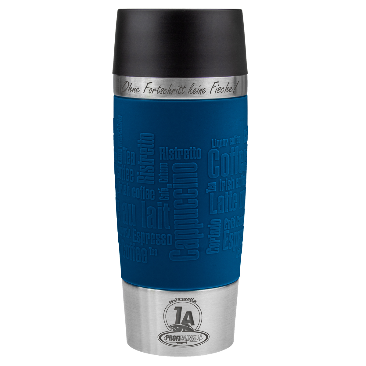 ProfiBlinker Thermobecher Emsa Travel Mug 360ml blau mit Gravur Motiv ''Ohne Fortschritt keine Fische!''