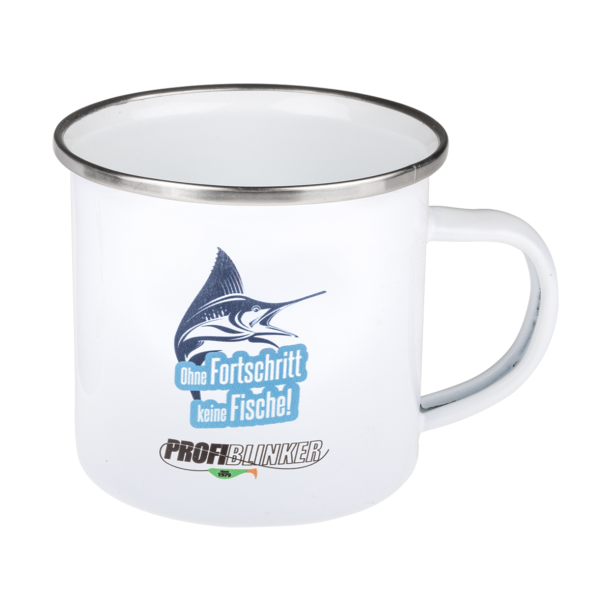 ProfiBlinker Kaffeepott Emaille weiß - Motiv "Ohne Fortschritt keine Fische" 